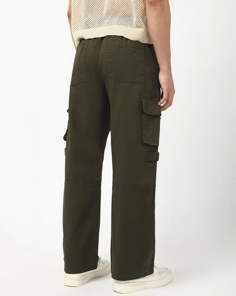 bewakoof  Men's Olive Green Baggy Straight Fit Cargo Pants for Men | Best Price UAE